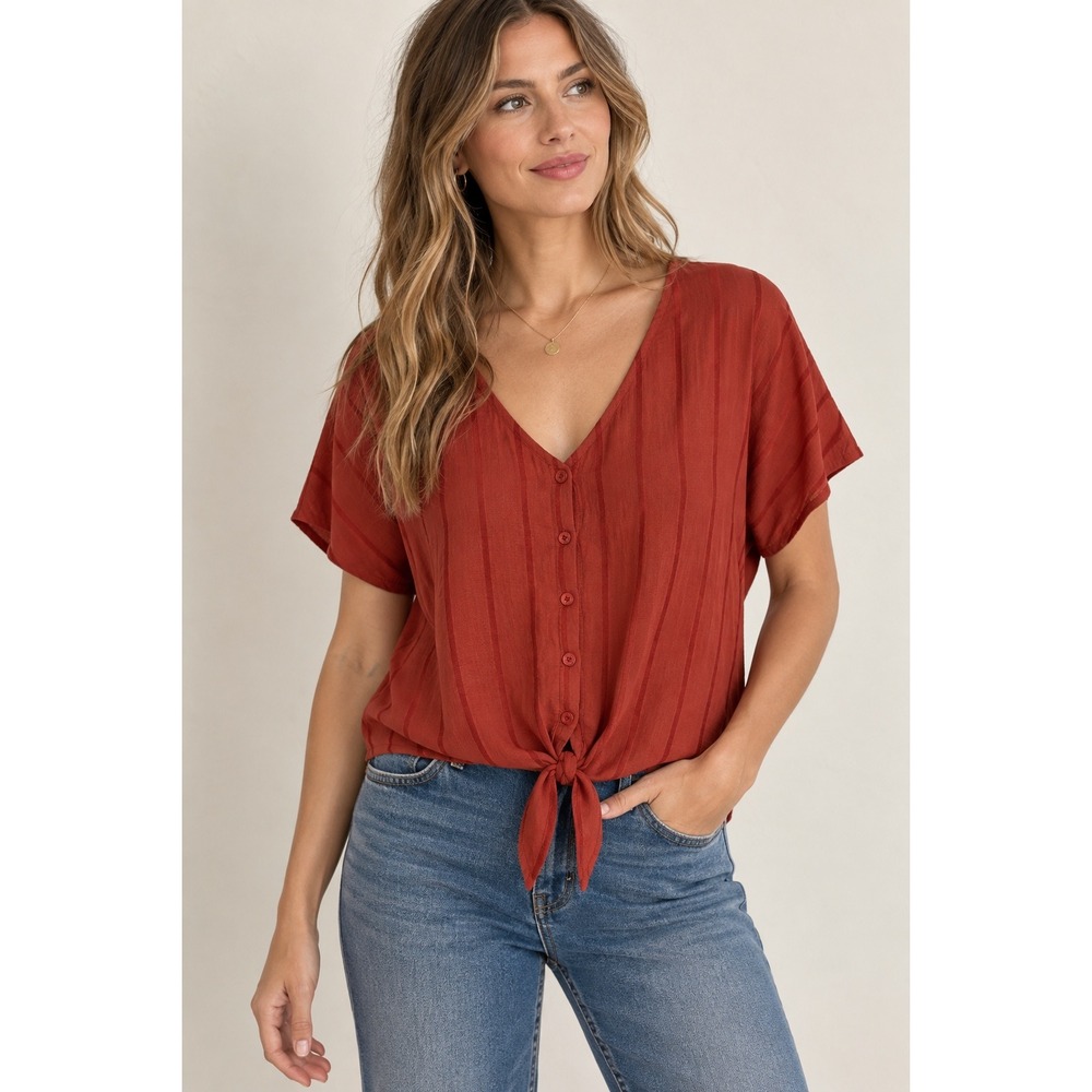 Prana Women Red Tonal Stripe Tie Front V-Neck Button Down Top W11202305 Medium